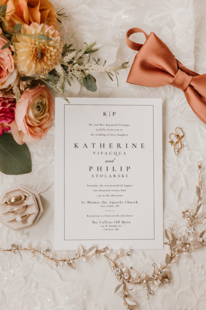 wedding details - invites, florals, bow tie, wedding rings