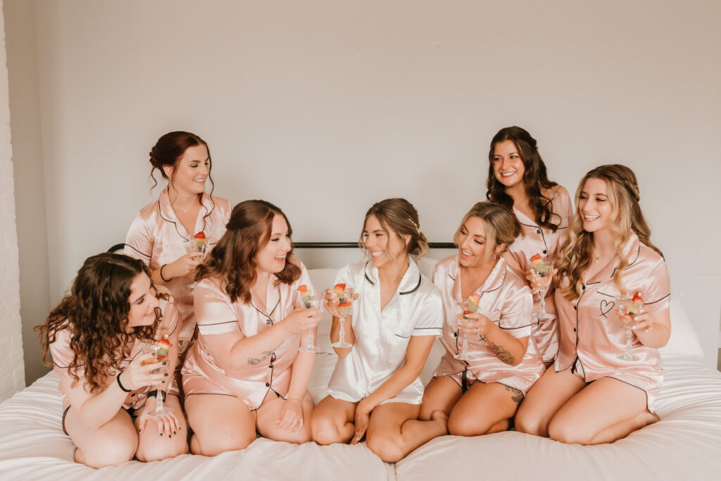 Bride and bridesmaids getting ready together at wedding, The Collins Off Main, Chelsea, Ann Arbor