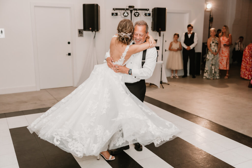 Bride and Dad dancing during Michigan wedding reception, The Collins Off Main, Chelsea, Ann Arbor