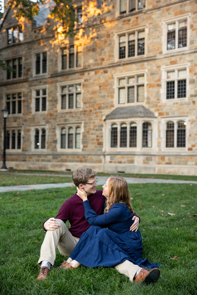 Outdoor couples photos at sunset with warm backlight